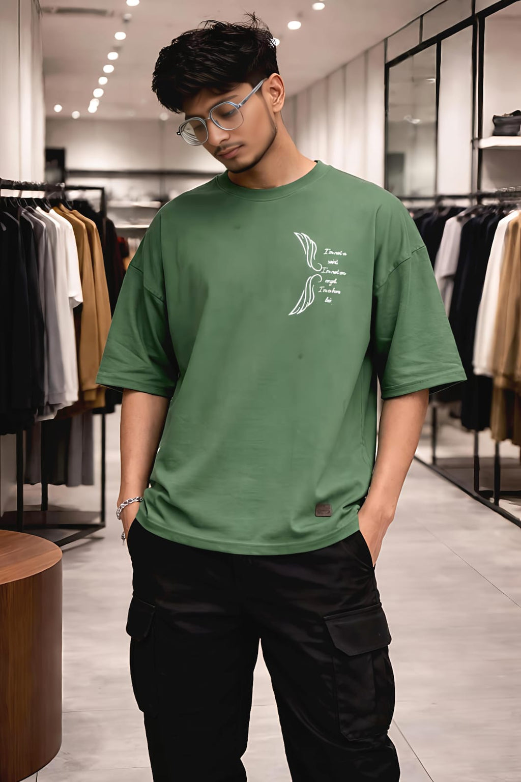 Bearion Oversized Drop-Shoulder T-Shirt – Graphic (Olive Green)